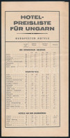 cca 1940 Hotel-Preisliste für Ungarn, kihajtható árjegyzék budapesti, balatoni, vidéki szállodák szobaárairól, német nyelven, 8p