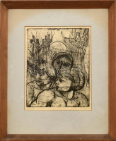 Varga Gyula (1935-2002): Három grácia (cím nélkül). Rézkarc, papír, jelzett, autográf ajánlási sorokkal. Üvegezett fa keretben. 23,5×18,5 cm
