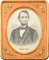 Abraham Lincoln portréja, fametszet, papír, jelzés nélkül. Dekoratív, virágdíszes, üvegezett biedermeier fa keretben. 30x24 cm