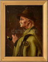 Jelzés nélkül: Pipázó paraszt. Olaj, kartonra kasírozott vászon. Kopott, apró sérülésekkel. Kopott fakeretben. 37x27,5cm