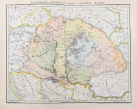 cca 1900 Vegyes magyar történelmet ábrázoló térkép tétel, 13 db, közte 1 db Nagy Képes Világtörténet, 4 db Pallas, 8 db Magyar Nemzet Története), 25x31 cm és 23x30 cm közötti méretben.