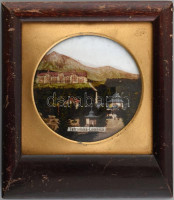 cca. 1920 szlovák emlék, Tatranská Lomnica, festett üveg, kopott fakeretben, d:6cm