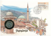 Jugoszlávia 1983. 10D Cu-Ni felbélyegzett borítékban, bélyegzéssel, német nyelvű tájékoztatóval T:1- kis patina, karcYugoslavia 1983. 10 Dinara Cu-Ni in envelope with stamp, cancellation and a prospectus in german C:AU small patina,