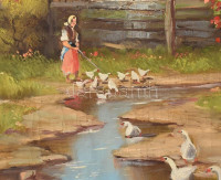 Hercegfalvy jelzéssel: Libapásztorlány. Olaj, vászon. Feltekerve. 64,5x84 cm