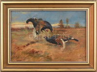 Rauscher Juliska (1888-1947): Siketfajdok násztánca. Olaj, karton. jelzett, keretben. 27x40 cm