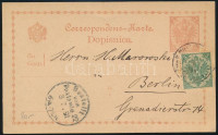 Bosznia-Hercegovina 1891 2kr díjjegyes levelezőlap 3kr díjkiegészítéssel Szarajevóból Berlinbe