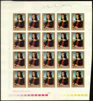 1968 Festmények V. 1Ft gumi nélküli fázisnyomat 20-as tömb óriási ívsarokkal, a 3. bélyegen festékezési hiba, ez tollal bekarikázva
