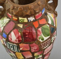 Antik emlék váza, antik porcelán és kerámia elemekkel applikálva, jelzett: VA. Korának megfelelő állapotban, 1900 körül, m: 28,5 cm