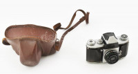 Praktica IV. fényképezőgép Industar 3,5/50 objektívvel, bőr tokkal