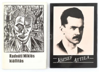1989 József Attila album, Bp., Múzsák Közművelődési Kiadó, 20 t. (fekete-fehér fotók) + Radnóti Miklós kiállítás, rendezte: Baróti Dezső, kiállítási prospektus, (9) p.+12 t. Kiadói papírmappában.
