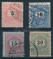 1889 4 különböző bélyeg, azonos lemezhiba a jobb felső sarokban