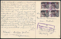 Ungvár 1945.03.04. Cenzúrázott levelezőlap 4 db bélyeggel bérmentesítve Nagybereznáról Budapestre, Bodor vizsgálójellel. Ritka köznapi küldemény, RRR!