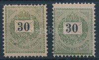 1888 2 db eltérő méretű és színárnyalatú Sztereo 30kr bélyeg lemezhibákkal, gyöngyjavításokkal (19.000+++)