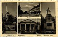 1942 Magyaróvár, Mosonmagyaróvár; Fő utca, Országzászló, és Igazságot Magyarországnak, múzeum, Világháború emlékmű + 'P.U. LEVÉLSZEKRÉNYBŐL' (EK)