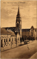 1927 Pécs, Református templom és lelkészlakás, villamos (EK)