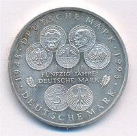 Németország 1998F 10M Ag '50 éves a Német Márka' T:1- kis patina Germany 1998F 10 Mark Ag '50 Years of the Deutsche Mark' C:AU small patina Krause KM#195