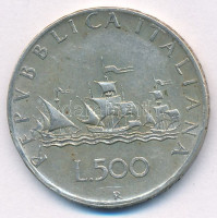 Olaszország 1959R 500L Ag 'Kolumbusz hajói' T:2- patina Italy 1959R 500 Lire Ag 'Columbus' Ships' C:VF patinaKrause KM#98