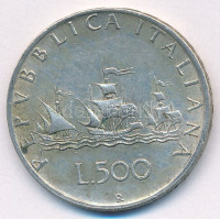 Olaszország 1960R 500L Ag 'Kolumbusz hajói' T:2- patina Italy 1960R 500 Lire Ag 'Columbus' Ships' C:VF patinaKrause KM#98