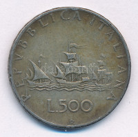 Olaszország 1961R 500L Ag 'Kolumbusz hajói' T:3 patina, ph. Italy 1961R 500 Lire Ag 'Columbus' Ships' C:F patina, edge errorKrause KM#98