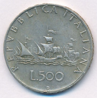 Olaszország 1965R 500L Ag 'Kolumbusz hajói' T:2- patina, ph.Italy 1965R 500 Lire Ag 'Columbus' Ships' C:VF patina, edge errorKrause KM#98
