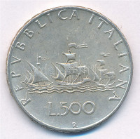 Olaszország 1966R 500L Ag 'Kolumbusz hajói' T:2,2- patinaItaly 1966R 500 Lire Ag 'Columbus' Ships' C:XF,VF patinaKrause KM#98