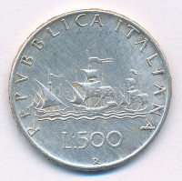 Olaszország 1966R 500L Ag 'Kolumbusz hajói' T:2- patinaItaly 1966R 500 Lire Ag 'Columbus' Ships' C:XF patinaKrause KM#98