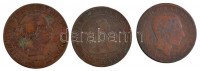 Spanyolország 1868OM 5c bronz 'II. Izabella' + 1870. 10c bronz + 1877. 10c bronz 'XII. Alfonz' T:3 ü.Spain 1868OM 5 Centimos Cu 'Isabella II' + 1870. 10 Centimos bronze + 1877. 10 Centimos bronze 'Alfonso XII' C:F dingKrause KM#635, 663, 675