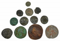 Római Birodalom 12db-os, főleg gyengébb állapotú római érméből álló tétel, közte hamisak is, egyik érme kettétörve T:2-3Roman Empire 12pcs, mostly Roman coins in weaker condition, fakes between them, one coin broken in two C:XF-F