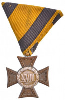 1867-1869. 'Katonai Legénységi Szolgálati Jel II. osztálya' Br kitüntetés mellszalaggal, az ezüstözött medalionban 'XVIII' római számmal T:2 /Hungary 1867-1869. 'Distinction for 18 Years of Military Service for the Soldiers, 2nd Class'