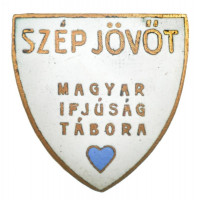 ~1930-1940. 'Szép jövőt - Magyar Ifjúság Tábora' zománcozott jelvény (26x25mm) T:1- / Hungary ~1930-1940. 'Szép jövőt - Magyar Ifjúság Tábora (Bright Future - Camp of the Hungarian Youth)' enamelled badge (26x25mm) C:AU