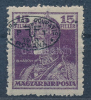 Debrecen I. 1919 Károly 15f fekete felülnyomással (100 példány), Flasch és Bodor vizsgálójellel RRR! (65.000) (rövid fogak / short perfs.)