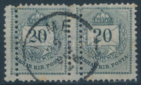 1881 20kr pár, mindkét bélyeg függőlegesen kettős fogazással 'FIUME'
