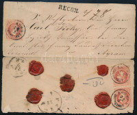 ~1870 3 x 5kr ajánlott levélen 'ESSEGG OBERSTADT' Agran (kiállítási célra szétnyitva)