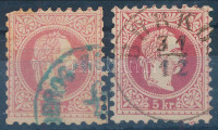 1867 2 db 5kr az egyik zöld / green 'BODROG-K(ERESZTUR)', a másik 'BÜRKÖ(S)' bélyegzéssel (Gudlin R és 700 p)