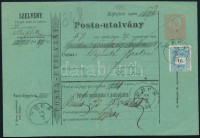 1875.máj.18. 5kr díjjegyes Postautalvány 1874-es Színesszámú 10kr díjkiegészítéssel, vegyes bérmentesítés 'PÉCS' - 'ZOMBOR' szép és ritka darab! RR!
