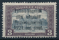 Nyugat-Magyarország I. 1921 Parlament 3K hármaslyukasztással, Bodor vizsgálójellel (30.000)