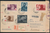 1944 Vöröskereszt sor díjkiegészítéssel cenzúrás ajánlott levélen Beregszászról Németországba