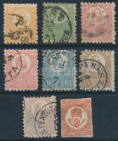 1871 Kőnyomat sor, átlagos minőségű utánfogazott bélyegek, 15kr pici elvékonyodással (255.000) / average quality stamps, mostly repaired perforation, 15kr thin paper on corner left above