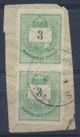 1881 3kr függőleges pár, a felső bélyeg 28 mm, az alsó 23 mm magas