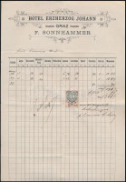 1888 Hotel Erzherzog Johann F. Sonnhammaer Graz fejléces számla 1 kr okmánybélyeggel