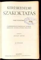 1910-1911 Kereskedelmi Szakoktatás c. folyóirat. XIX. évf. 1-20. sz. Teljes évfolyam. Félvászon-kötés, kopott, foltos borítóval, intézményi bélyegzőkkel, két lap hiányzik (408/409,435/436.) + 1911-1912 Kereskedelmi Szakoktatás c.