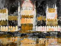 Gulyás Dénes (1927-2003): Budapest, Parlament. Olaj, farost, jelzés nélkül. 60x80 cm