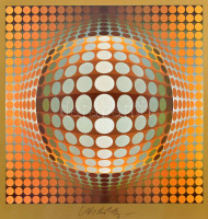 Vasarely Victor (1908-1997): VEGA-ZETT-2. Heliogravűr, papír. Jelzett. Neuchatel, Éditions du Griffon kiadása, 1975. 21x21 cm. / Victor Vasarely (1908-1997): VEGA-ZETT-2. Photogravure on paper. Signed. Neuchatel, Éditions du Griffon, 1975.