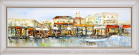 Virág Éva (1957-): Mediterrán táj. Olaj, farost, jelzett, fakeretben, 20×60 cm