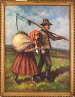 Vásárhelyi L jelzéssel, működött a XX. sz. első felében: Hazafelé. Olaj, vászon. Dekoratív fakeretben. Hátoldalán 1930-40 körüli raglapon feliratozott. 80x60 cm