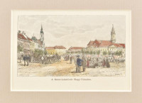 cca 1880 Nagyvárad Szent László tér színezett fametszet paszpartuban. 12x9 cm