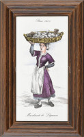 Francia csempekép, zöldségkereskedő, fakeretben, kis kopásokkal, jelzés nélkül, 15x7,5 cm
