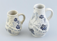 2 db német, puttós steinzug kancsó, jelzett, kopott, m: 12,5-16,5 cm