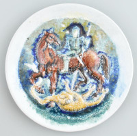 Városlődi retró kerámia tál, Szent György a sárkánnyal motívummal, jelzett, hibátlan, d: 28,5 cm