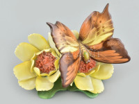 Herendi porcelán pillangó levélen, kézzel festett, jelzett, hibátlan, m: 7 cm